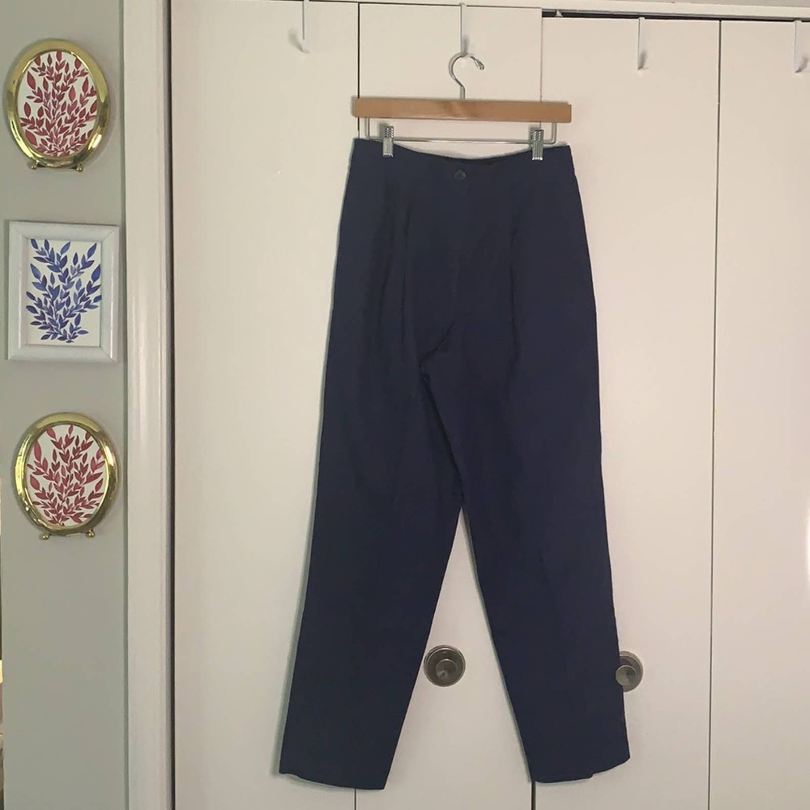 Vintage Navy High Waisted Linen Trousers Size 8